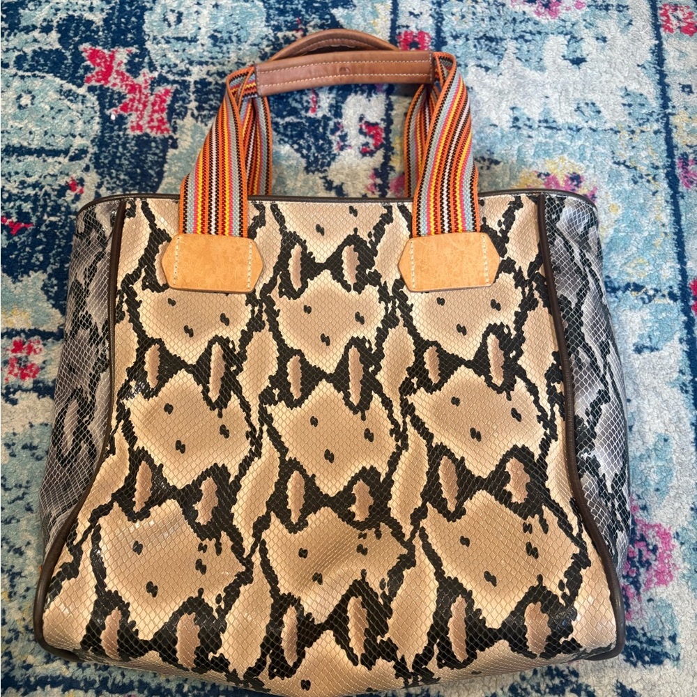Consuela Beige & Black Snake-Print Tote with Multicolor Striped Handles